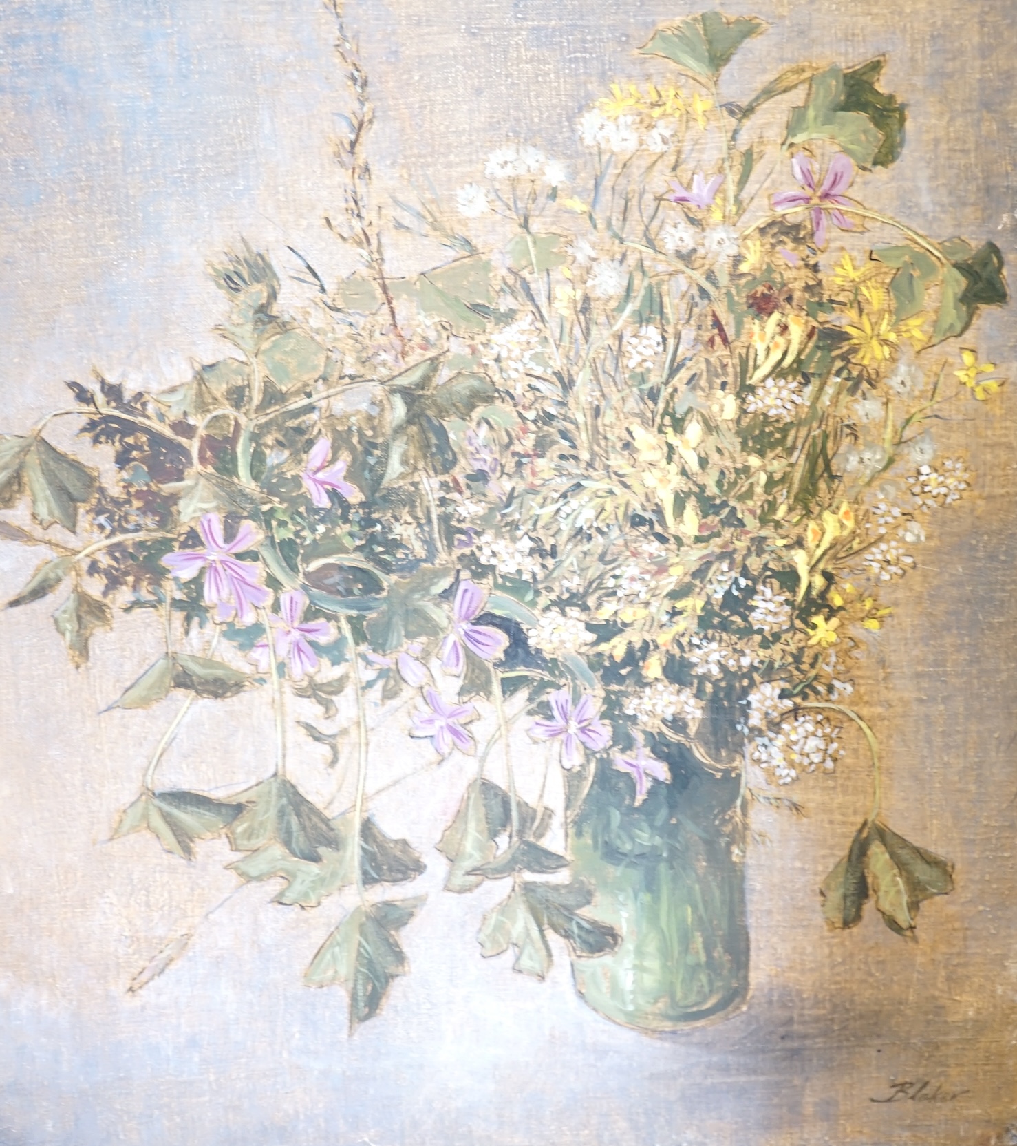 Michael John Blaker (1928-2018), two oils on canvas, Still lifes of flowers in vases, both signed, largest 53 x 65cm, unframed. Condition - fair